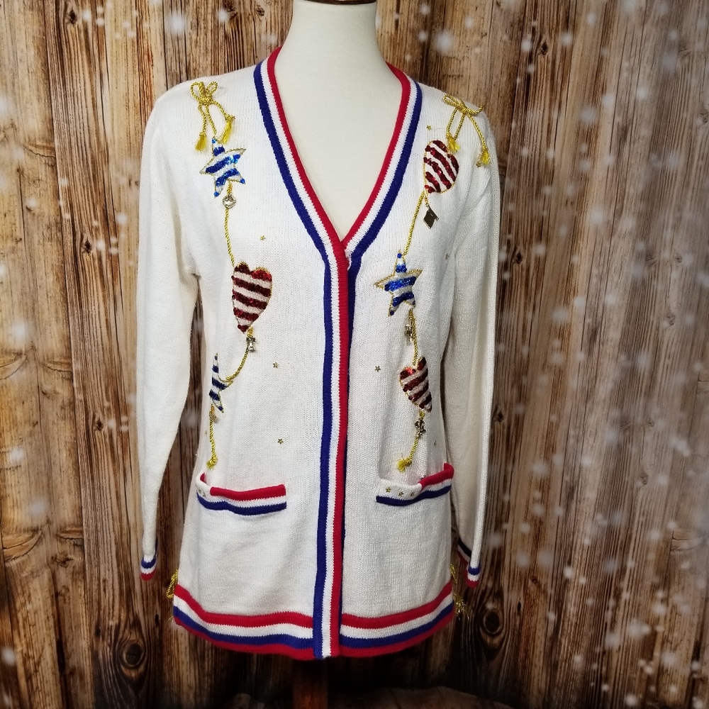 VTG Storybook Knits White USA Beaded Theme Stylish Women's Sm Cardigan Sweater